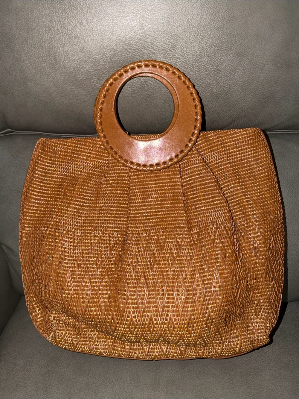 VTG MONSAC Original Woven Leather Tote Metallic Bronze Circle Handle Y2K Boho